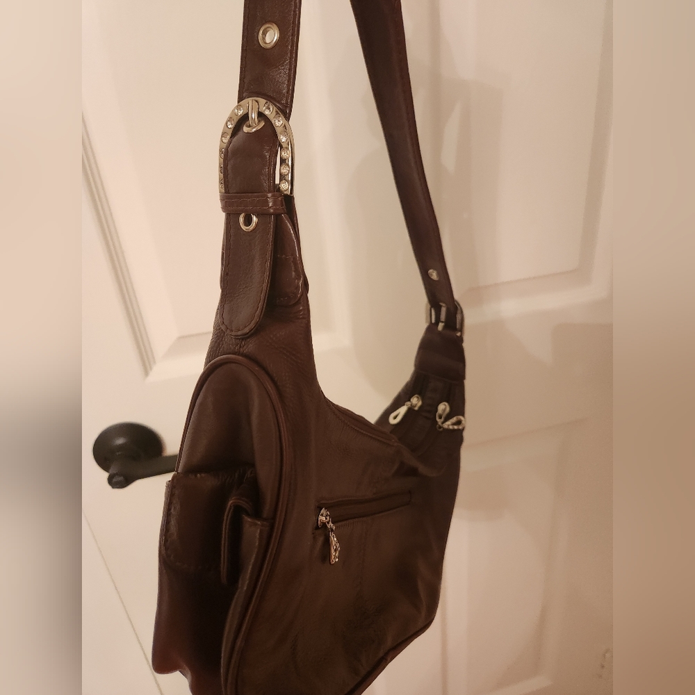 Brown Leather Handbag with Crystals in Excellent condition
